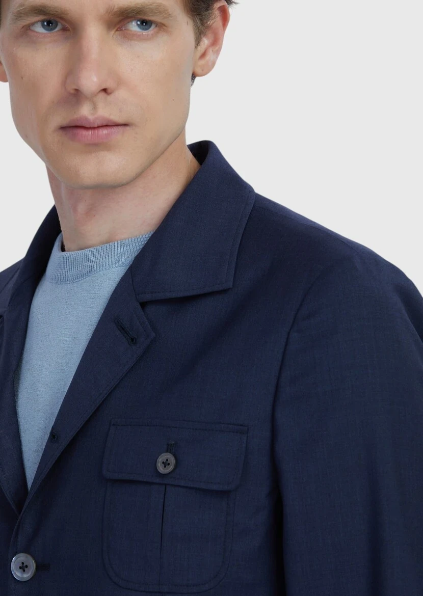 Navy Blue Plain Shirt Shoulder Slim Fit 100% Wool Jacket - 5