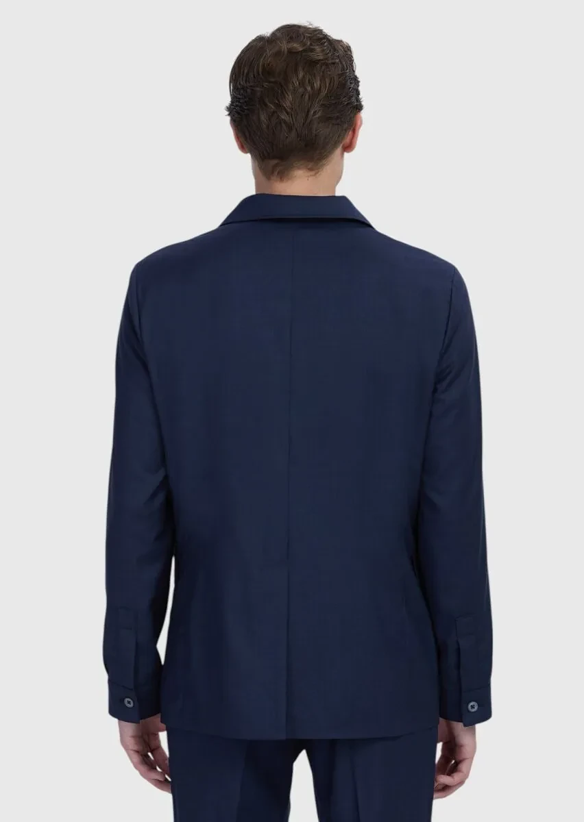 Navy Blue Plain Shirt Shoulder Slim Fit 100% Wool Jacket - 6