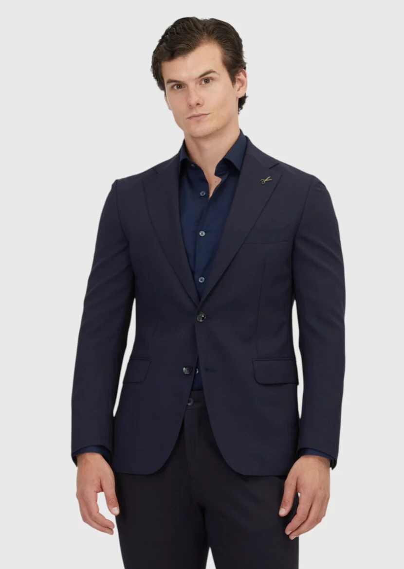 Navy Blue Plain Shirt Shoulder Slim Fit 100% Wool Jacket - RAMSEY