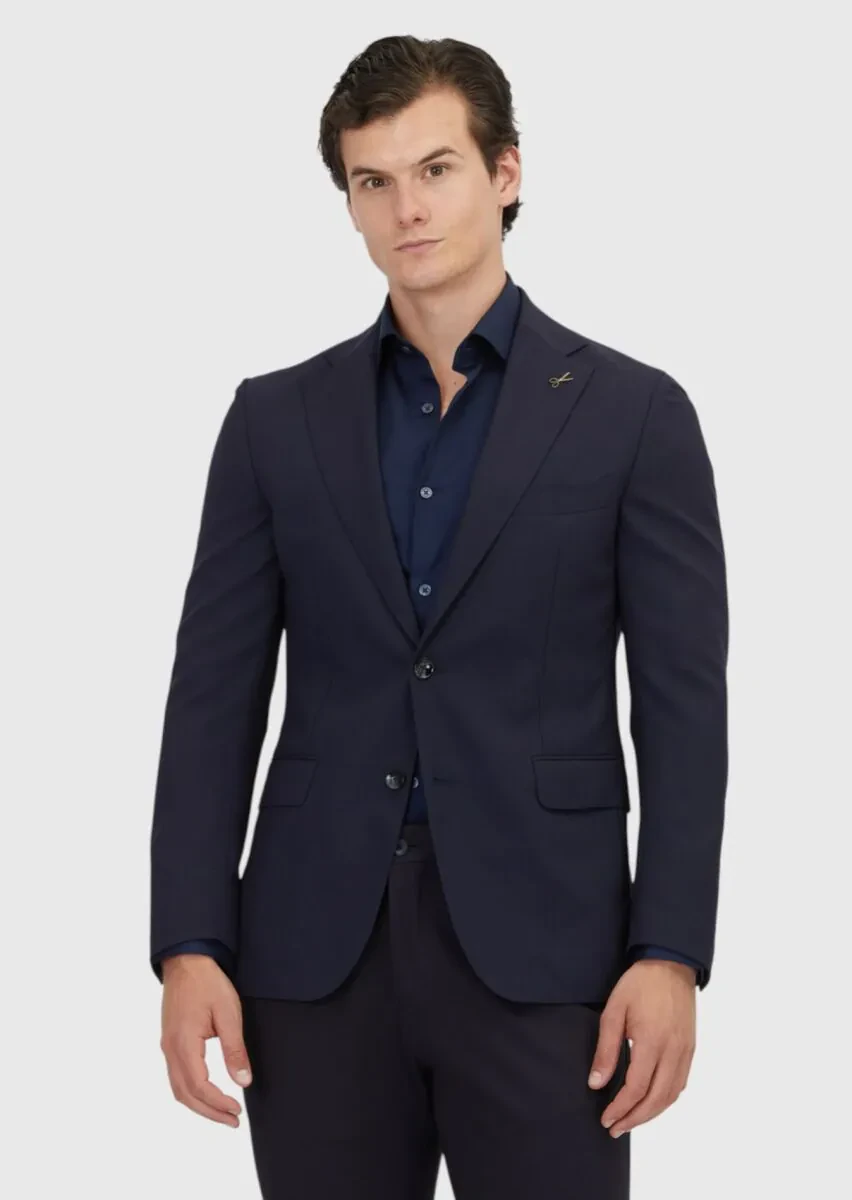 Navy Blue Plain Shirt Shoulder Slim Fit 100% Wool Jacket - 1