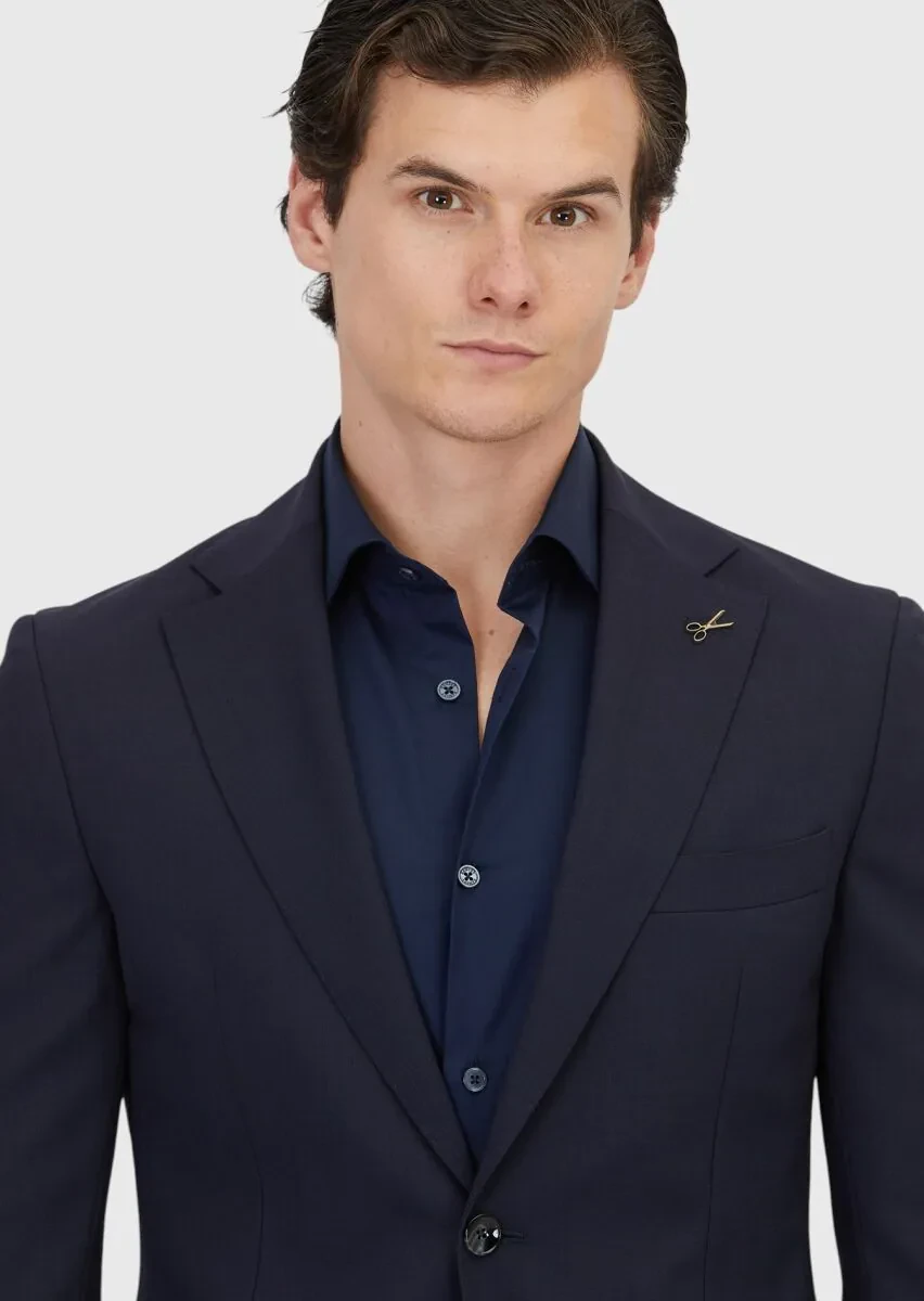 Navy Blue Plain Shirt Shoulder Slim Fit 100% Wool Jacket - 3