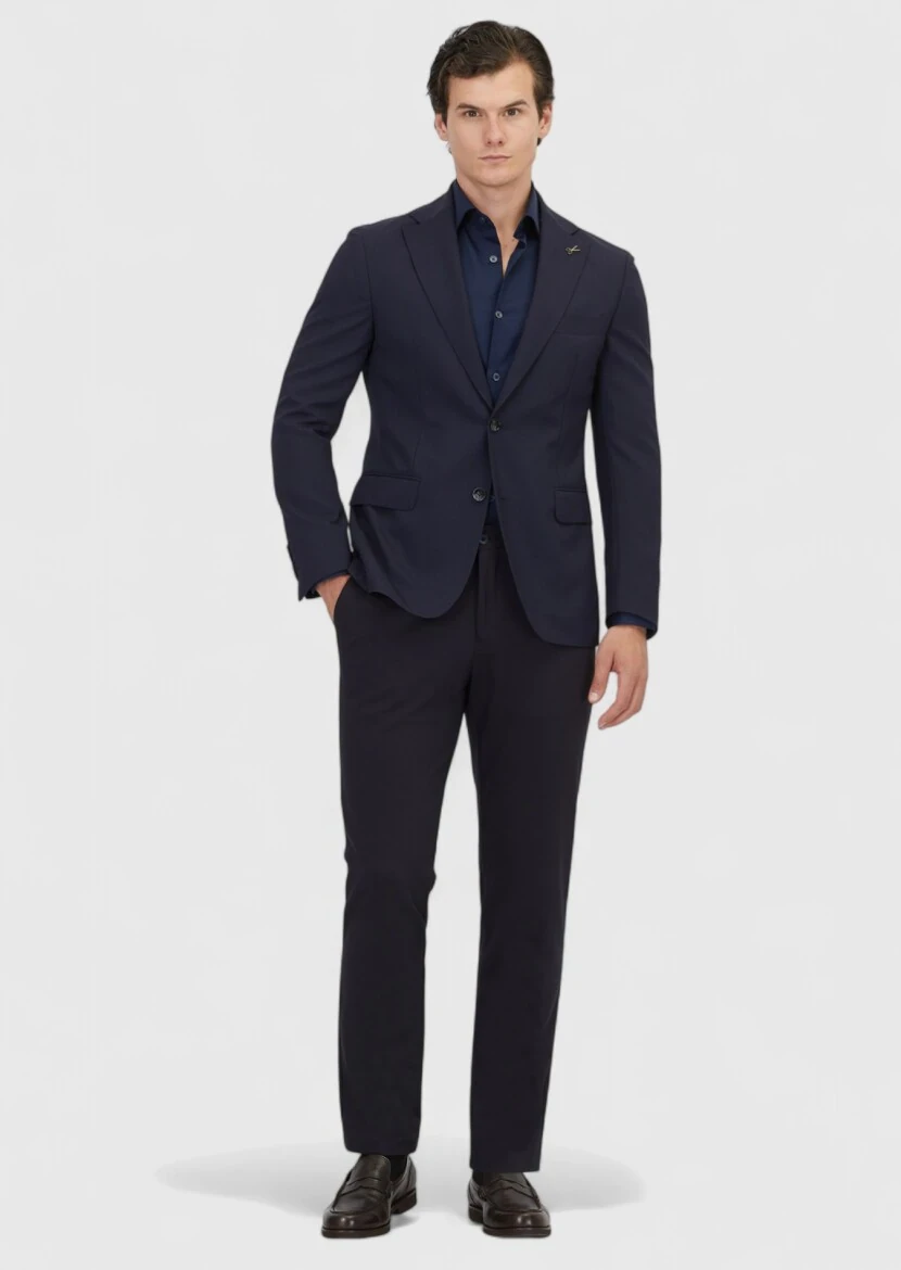 Navy Blue Plain Shirt Shoulder Slim Fit 100% Wool Jacket - RAMSEY