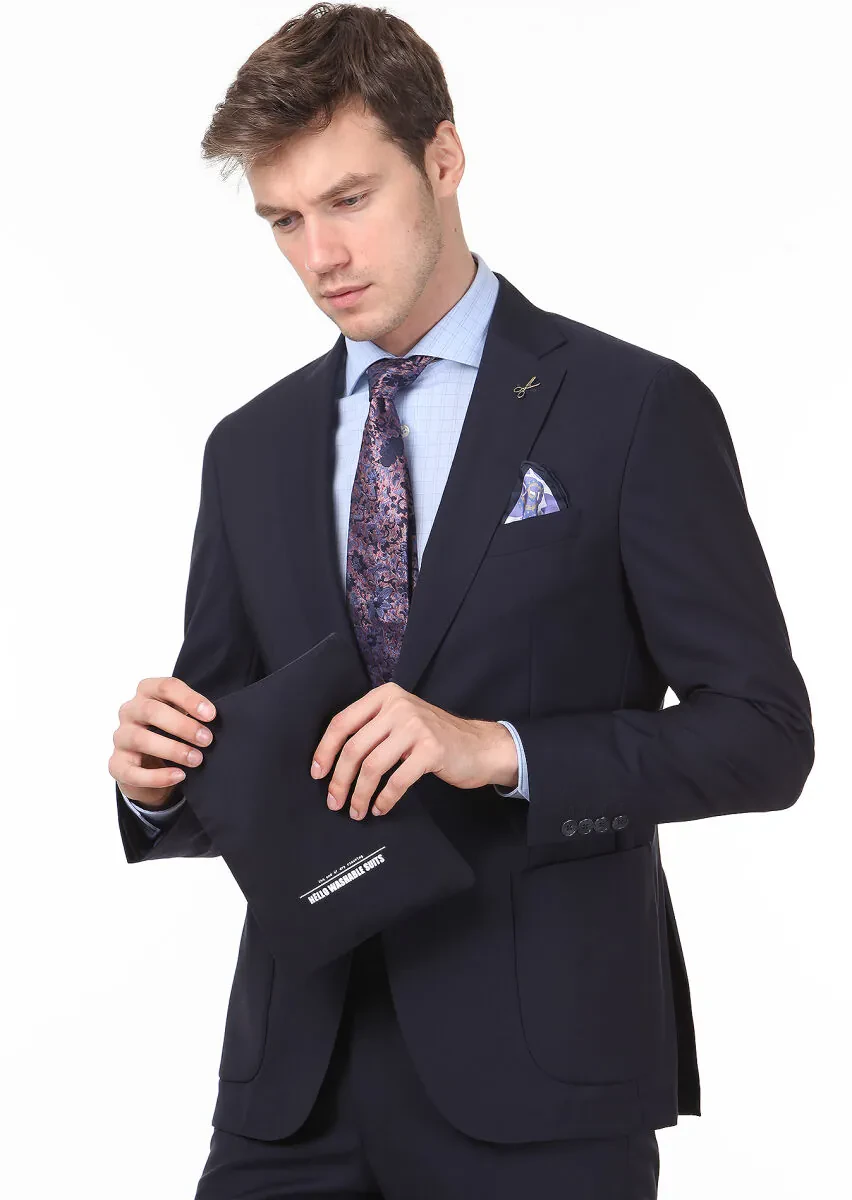 Navy Blue Plain Shirt Shoulder Slim Fit 100% Wool Suit - 1