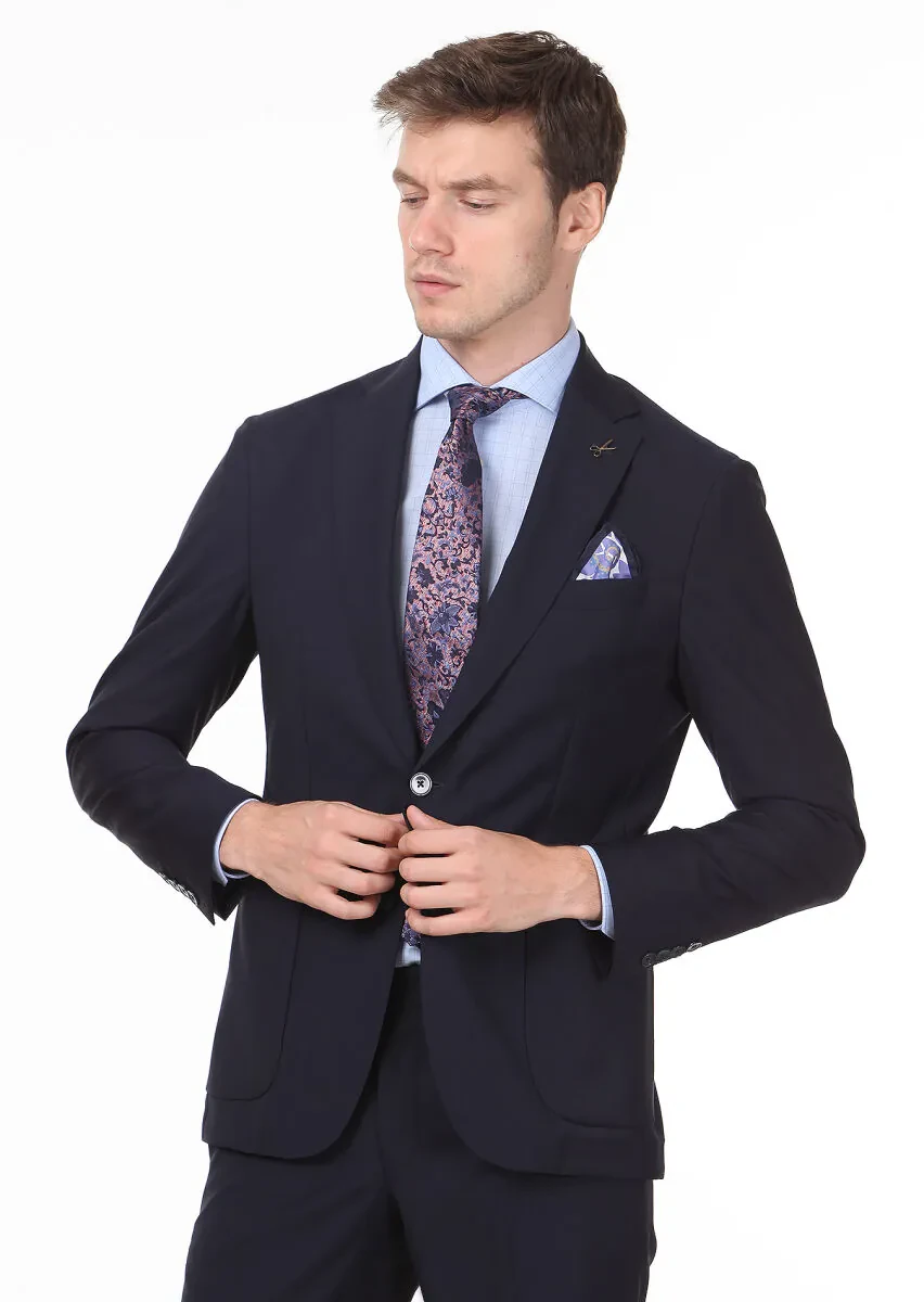 Navy Blue Plain Shirt Shoulder Slim Fit 100% Wool Suit - 2