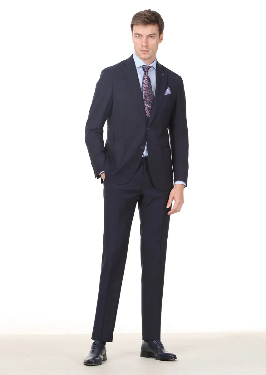 Navy Blue Plain Shirt Shoulder Slim Fit 100% Wool Suit - 3