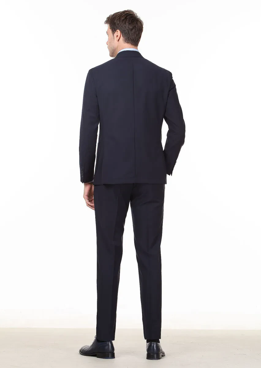 Navy Blue Plain Shirt Shoulder Slim Fit 100% Wool Suit - 4
