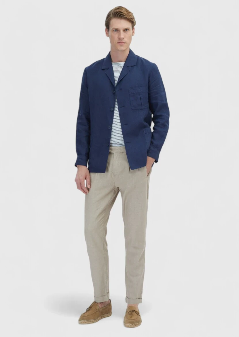 Navy Blue Plain Shirt Shoulder Slim Fit Cotton Blended Jacket - RAMSEY