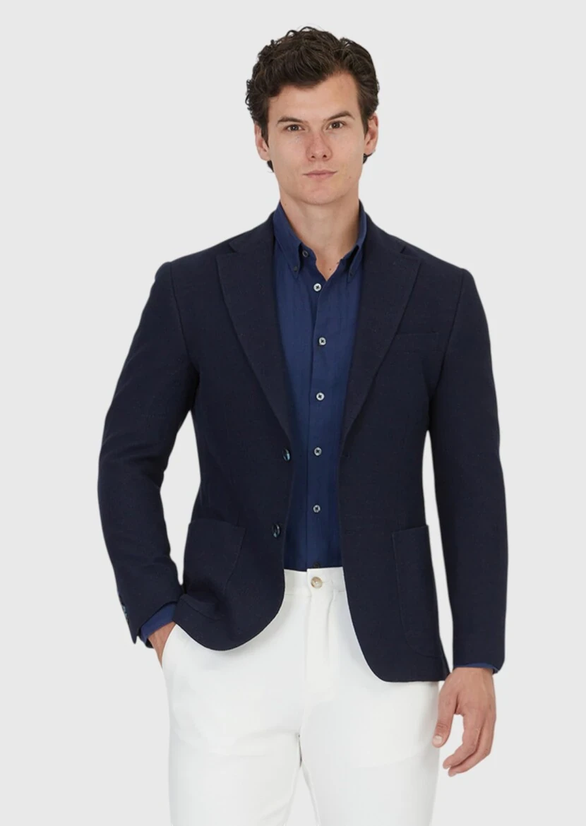 Navy Blue Plain Shirt Shoulder Slim Fit Cotton Blended Jacket - RAMSEY