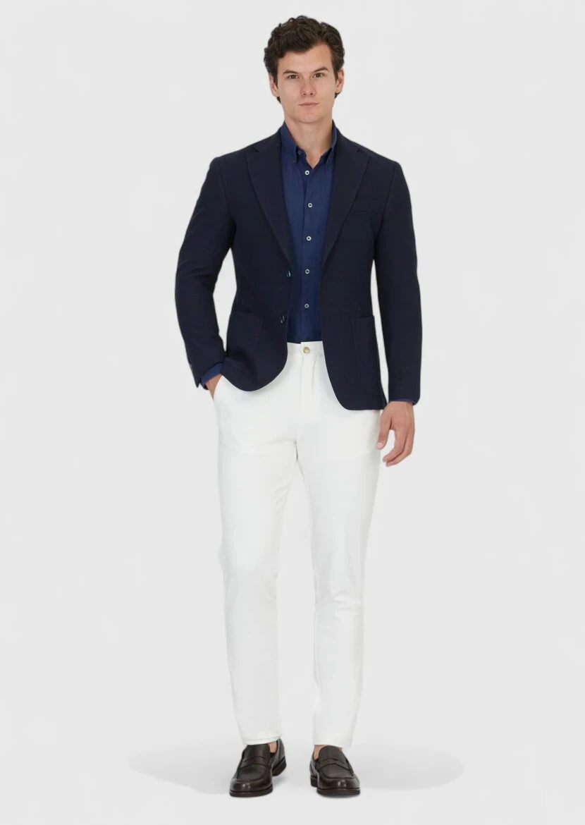 Navy Blue Plain Shirt Shoulder Slim Fit Cotton Blended Jacket - RAMSEY