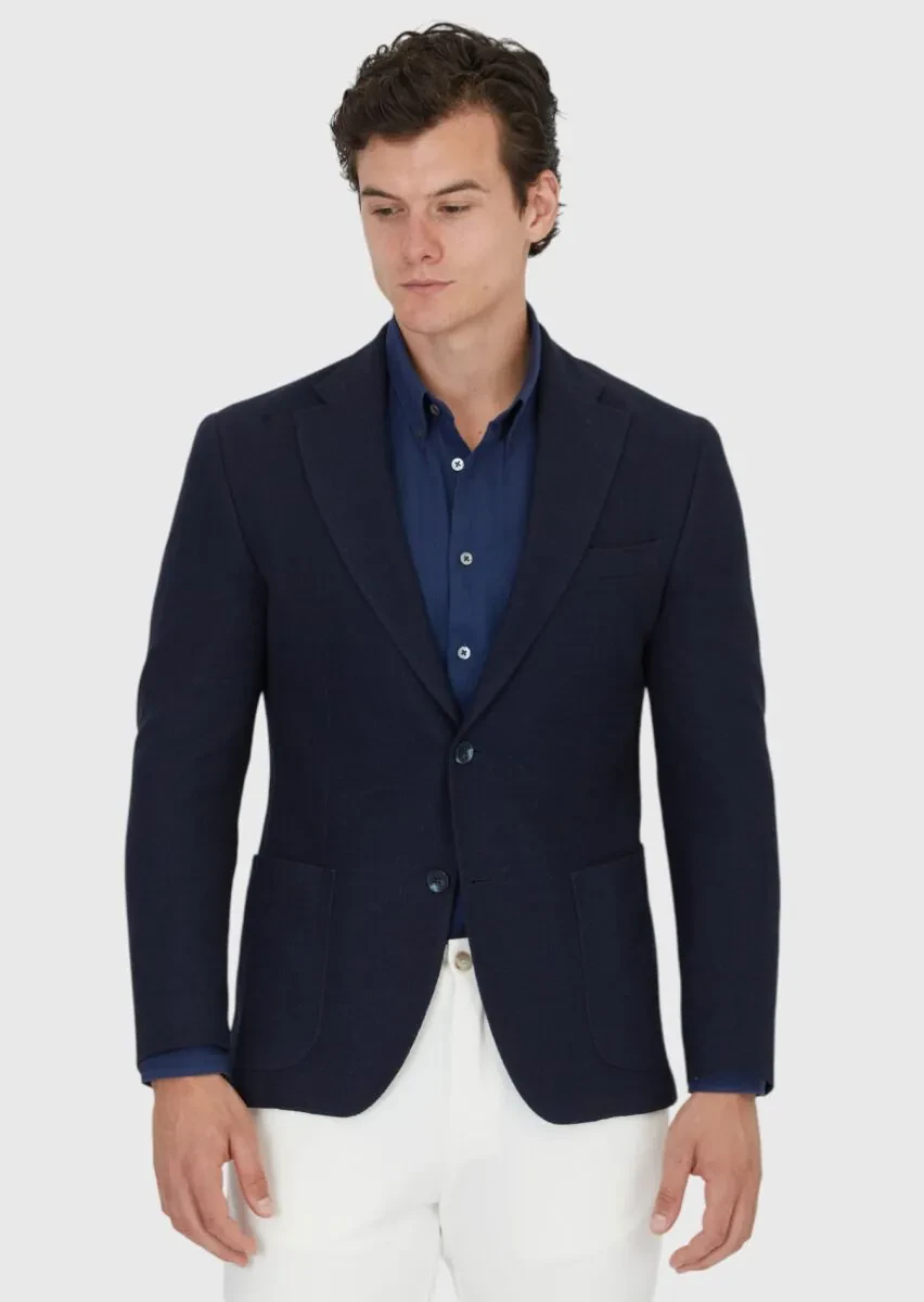 Navy Blue Plain Shirt Shoulder Slim Fit Cotton Blended Jacket - 3