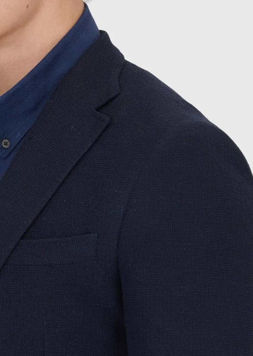 Navy Blue Plain Shirt Shoulder Slim Fit Cotton Blended Jacket - 5