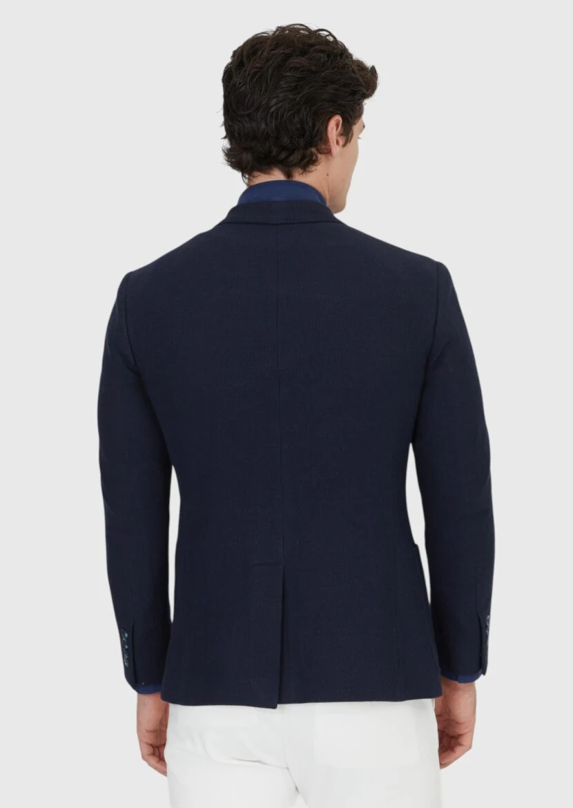 Navy Blue Plain Shirt Shoulder Slim Fit Cotton Blended Jacket - 7