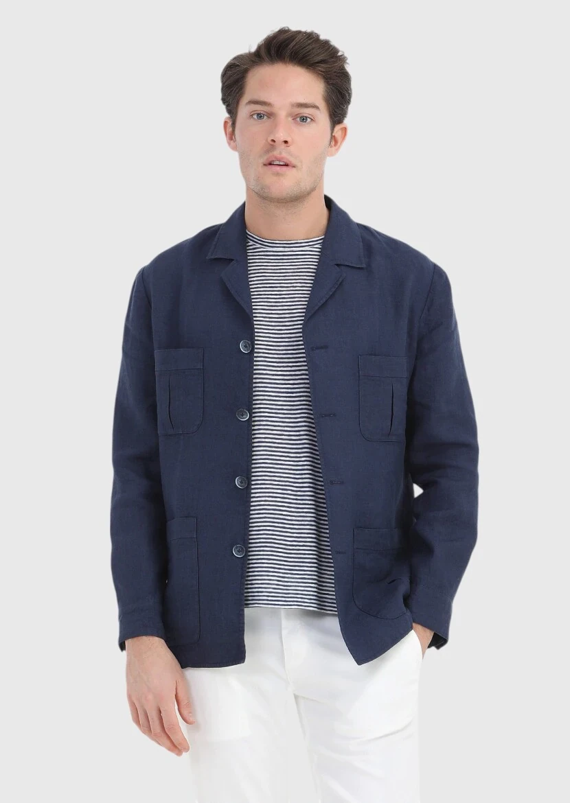 Navy Blue Plain Slim Fit Cotton Blended Jacket - RAMSEY
