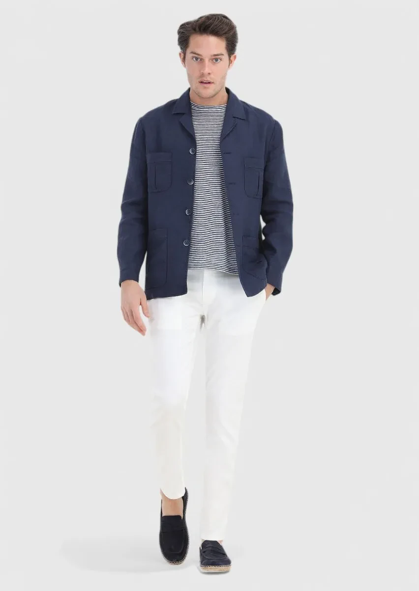 Navy Blue Plain Slim Fit Cotton Blended Jacket - 2