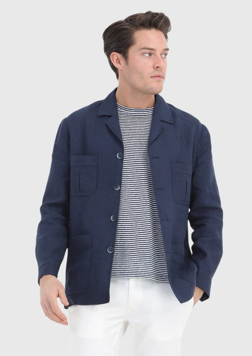 Navy Blue Plain Slim Fit Cotton Blended Jacket - 3