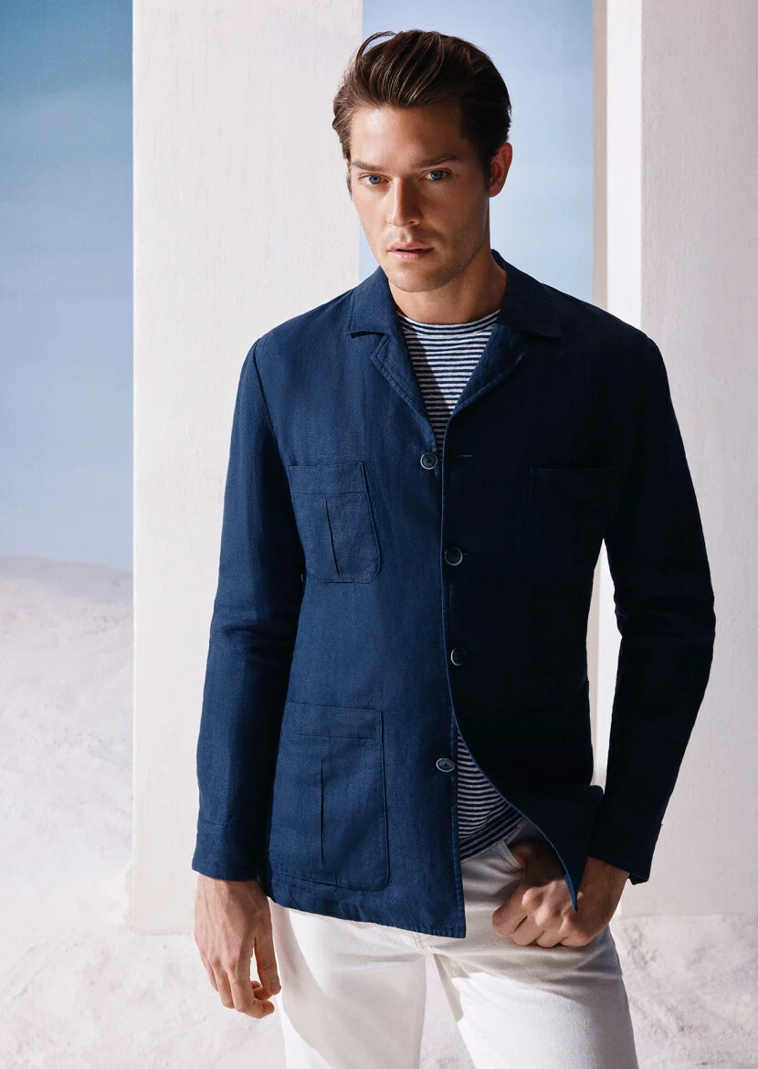 Navy Blue Plain Slim Fit Cotton Blended Jacket - 4