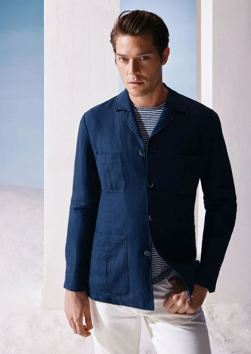Navy Blue Plain Slim Fit Cotton Blended Jacket - 4