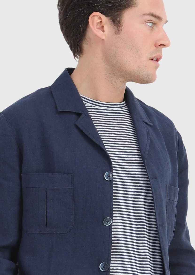 Navy Blue Plain Slim Fit Cotton Blended Jacket - 5