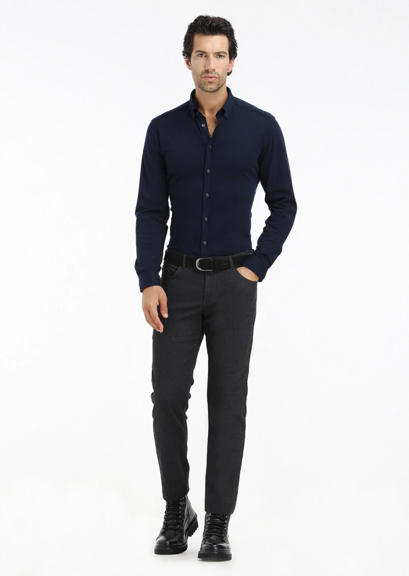 Navy Blue Plain Slim Fit Knitting Casual 100% Cotton Shirt - 1