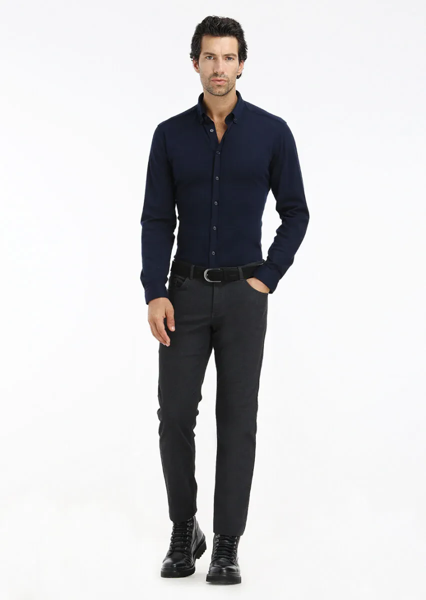 Navy Blue Plain Slim Fit Knitting Casual 100% Cotton Shirt - 1