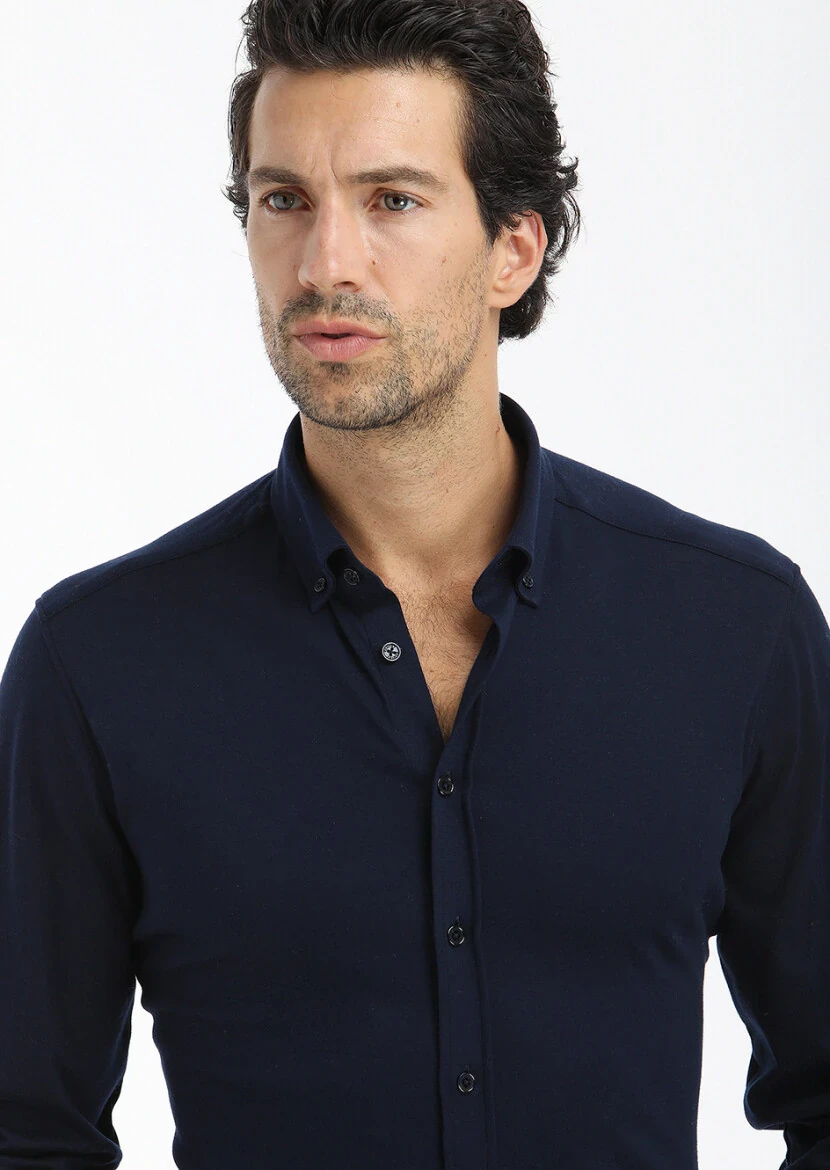 Navy Blue Plain Slim Fit Knitting Casual 100% Cotton Shirt 