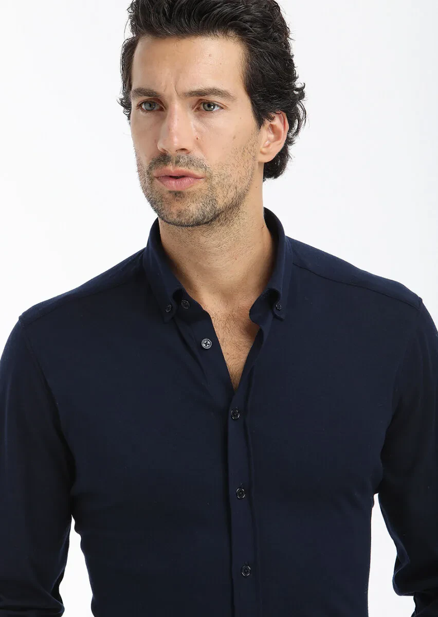 Navy Blue Plain Slim Fit Knitting Casual 100% Cotton Shirt - 2