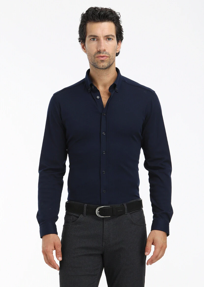 Navy Blue Plain Slim Fit Knitting Casual 100% Cotton Shirt - 3