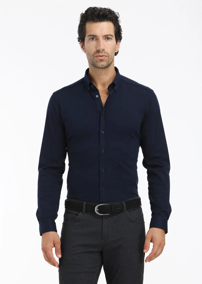 Navy Blue Plain Slim Fit Knitting Casual 100% Cotton Shirt - 3