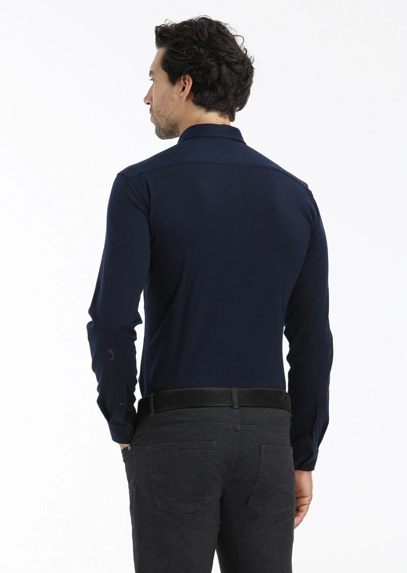 Navy Blue Plain Slim Fit Knitting Casual 100% Cotton Shirt - 4