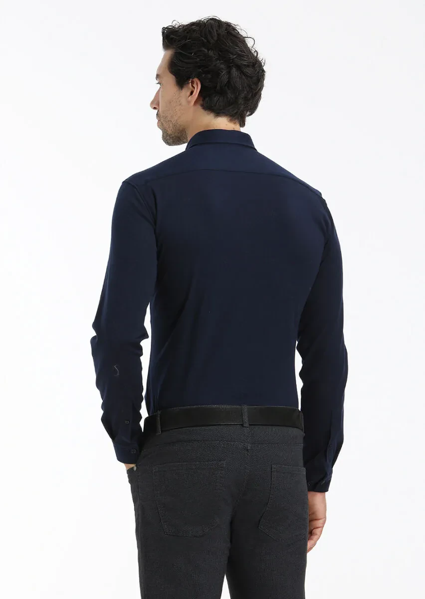 Navy Blue Plain Slim Fit Knitting Casual 100% Cotton Shirt - 4