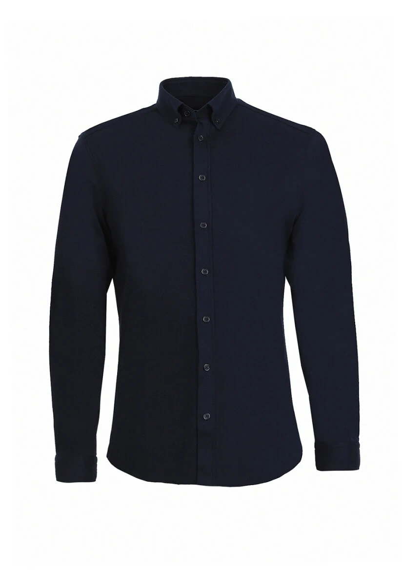 Navy Blue Plain Slim Fit Knitting Casual 100% Cotton Shirt - 5