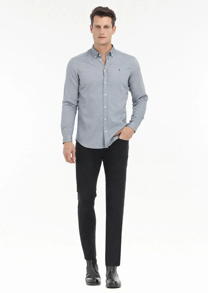 Navy Blue Plain Slim Fit Weaving Casual 100% Cotton Shirt - 1