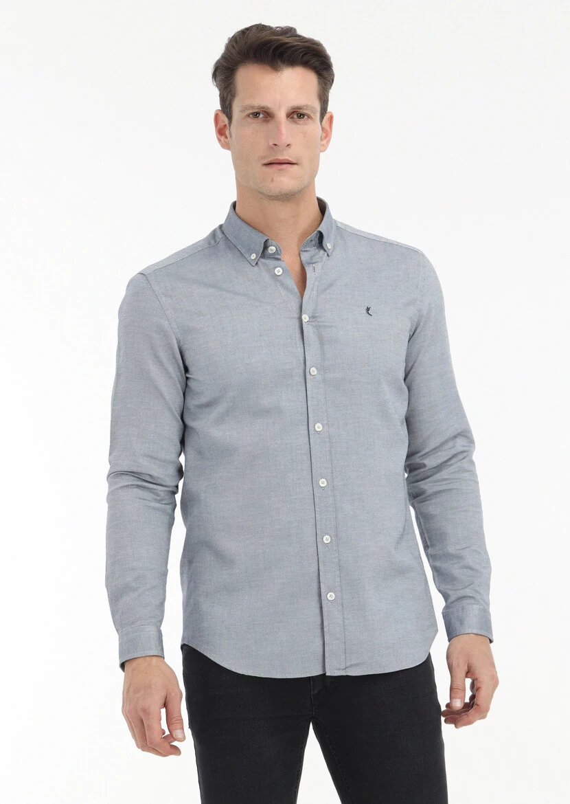 Navy Blue Plain Slim Fit Weaving Casual 100% Cotton Shirt 