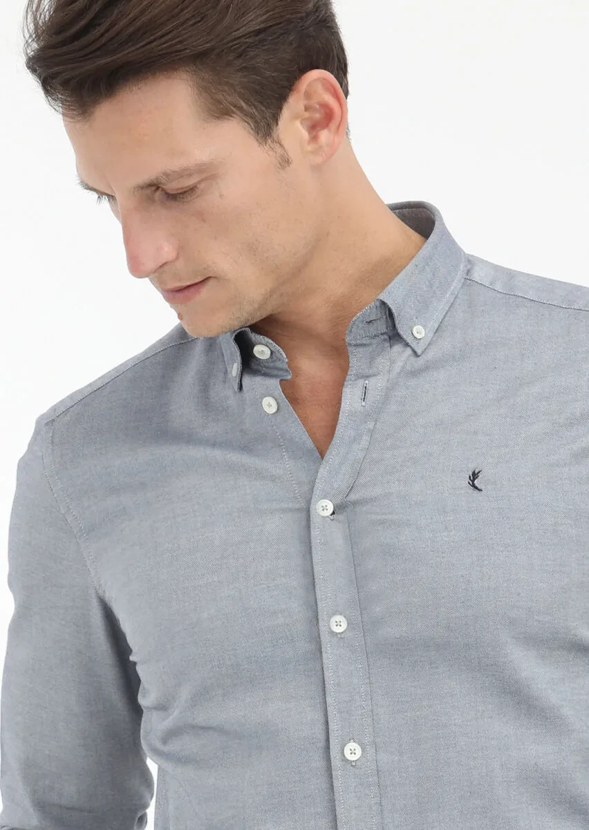 Navy Blue Plain Slim Fit Weaving Casual 100% Cotton Shirt - 3