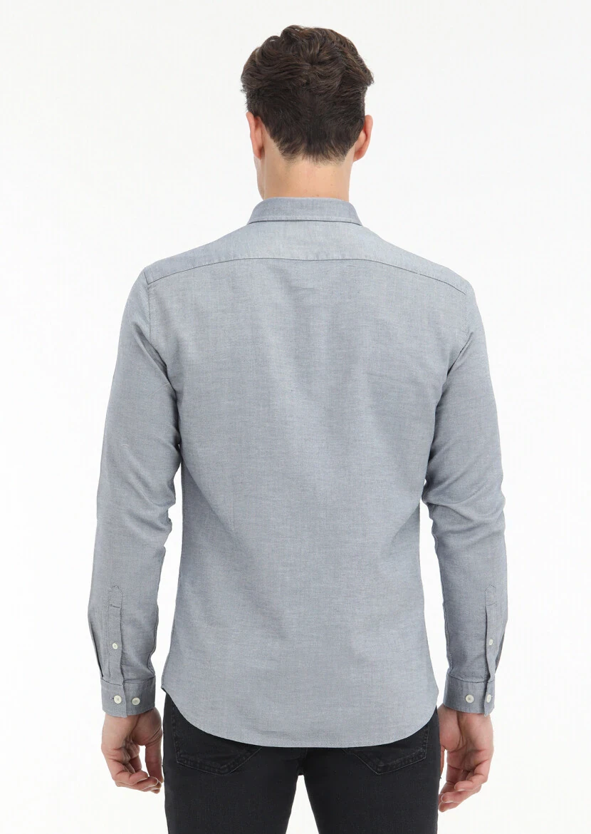 Navy Blue Plain Slim Fit Weaving Casual 100% Cotton Shirt - 4