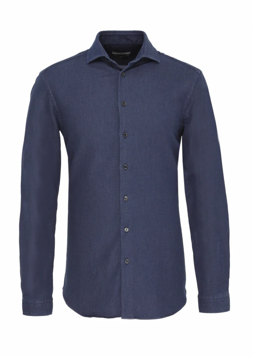 Navy Blue Plain Slim Fit Weaving Casual Cotton Blended Shirt - 1