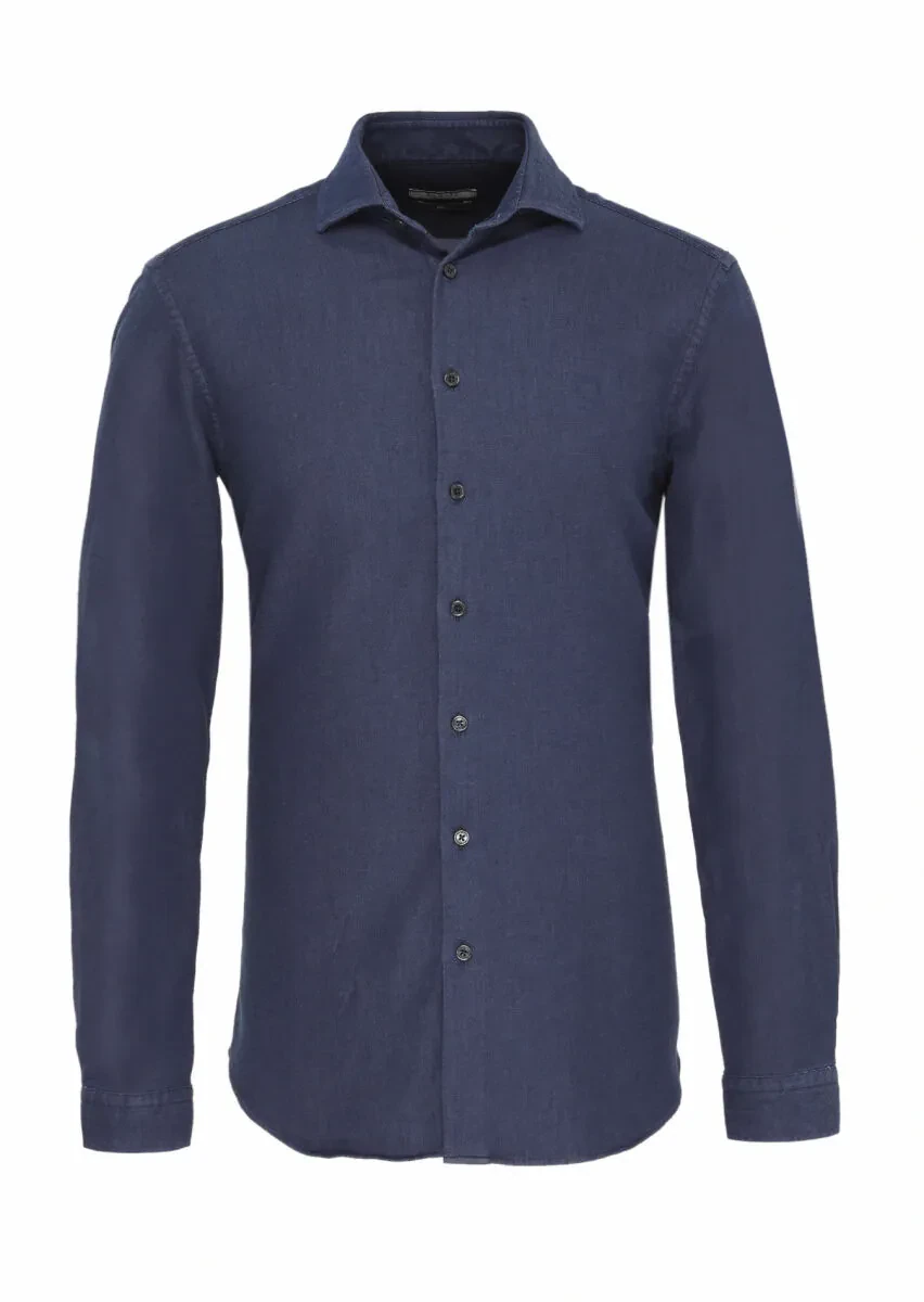 Navy Blue Plain Slim Fit Weaving Casual Cotton Blended Shirt - 1