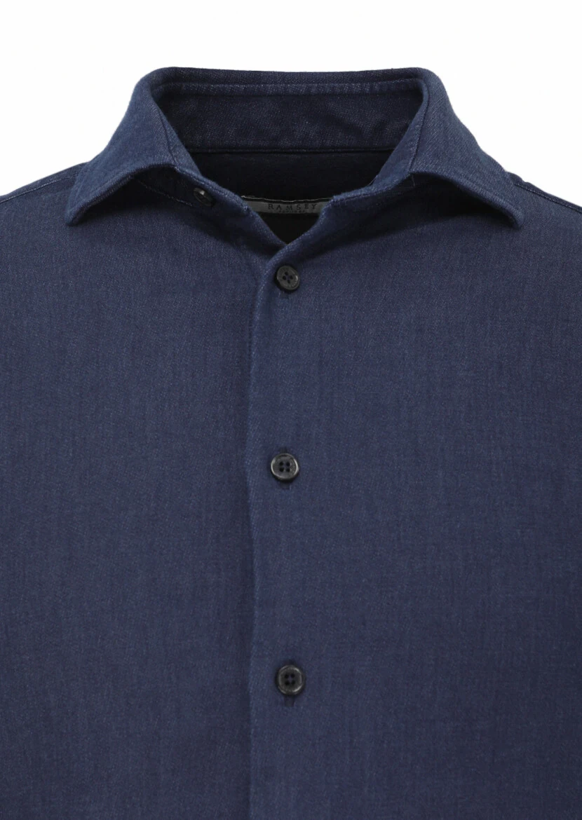 Navy Blue Plain Slim Fit Weaving Casual Cotton Blended Shirt - 2