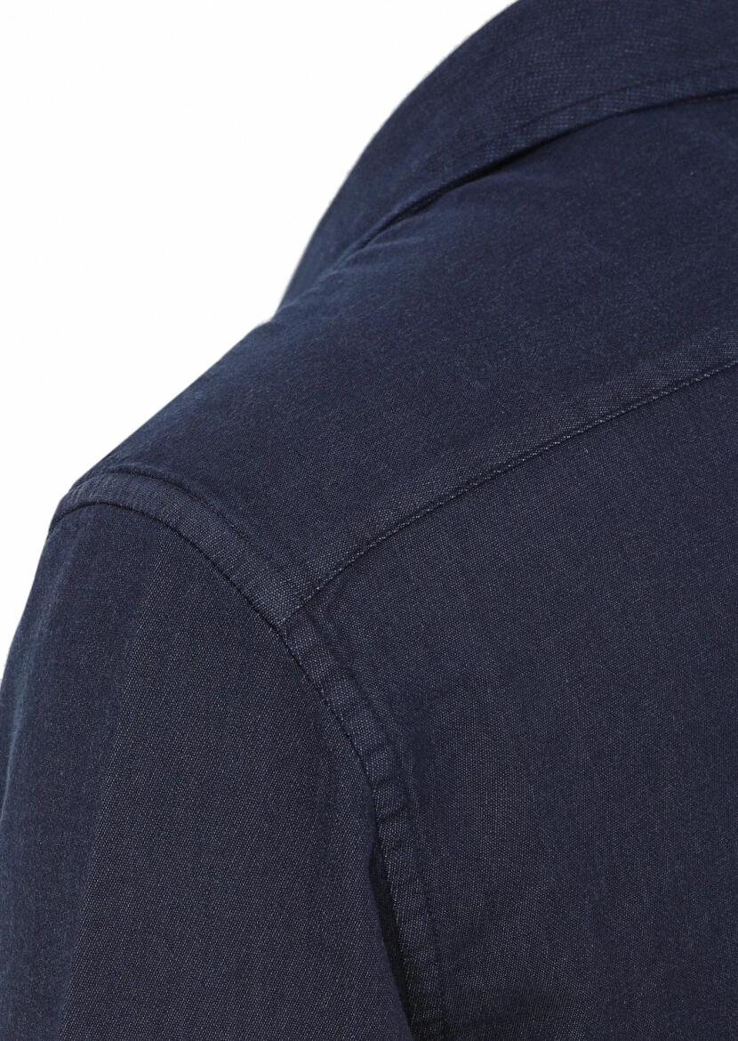 Navy Blue Plain Slim Fit Weaving Casual Cotton Blended Shirt - 3