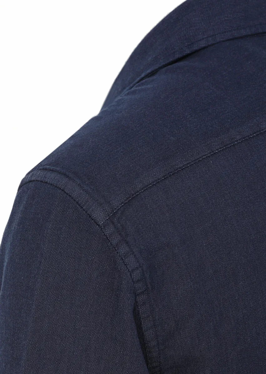 Navy Blue Plain Slim Fit Weaving Casual Cotton Blended Shirt - 3