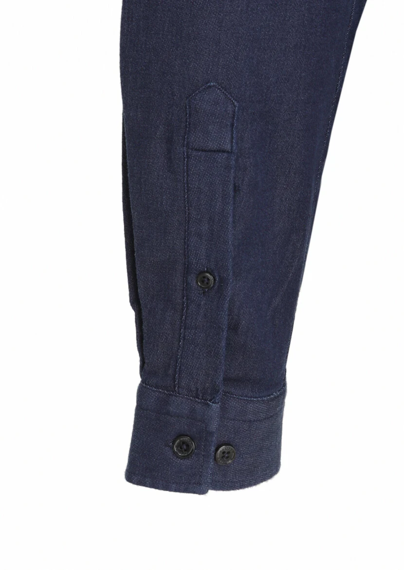 Navy Blue Plain Slim Fit Weaving Casual Cotton Blended Shirt - 4