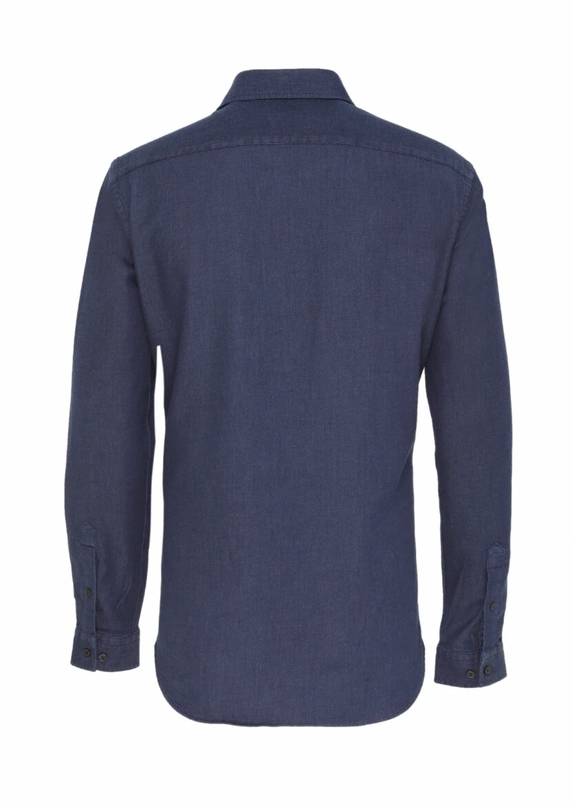 Navy Blue Plain Slim Fit Weaving Casual Cotton Blended Shirt - 5