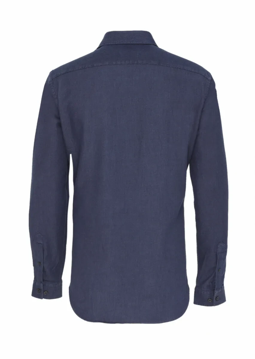 Navy Blue Plain Slim Fit Weaving Casual Cotton Blended Shirt - 5