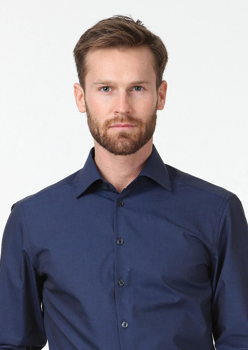 Navy Blue Plain Slim Fit Weaving Classical Cotton Blended Shirt - 3