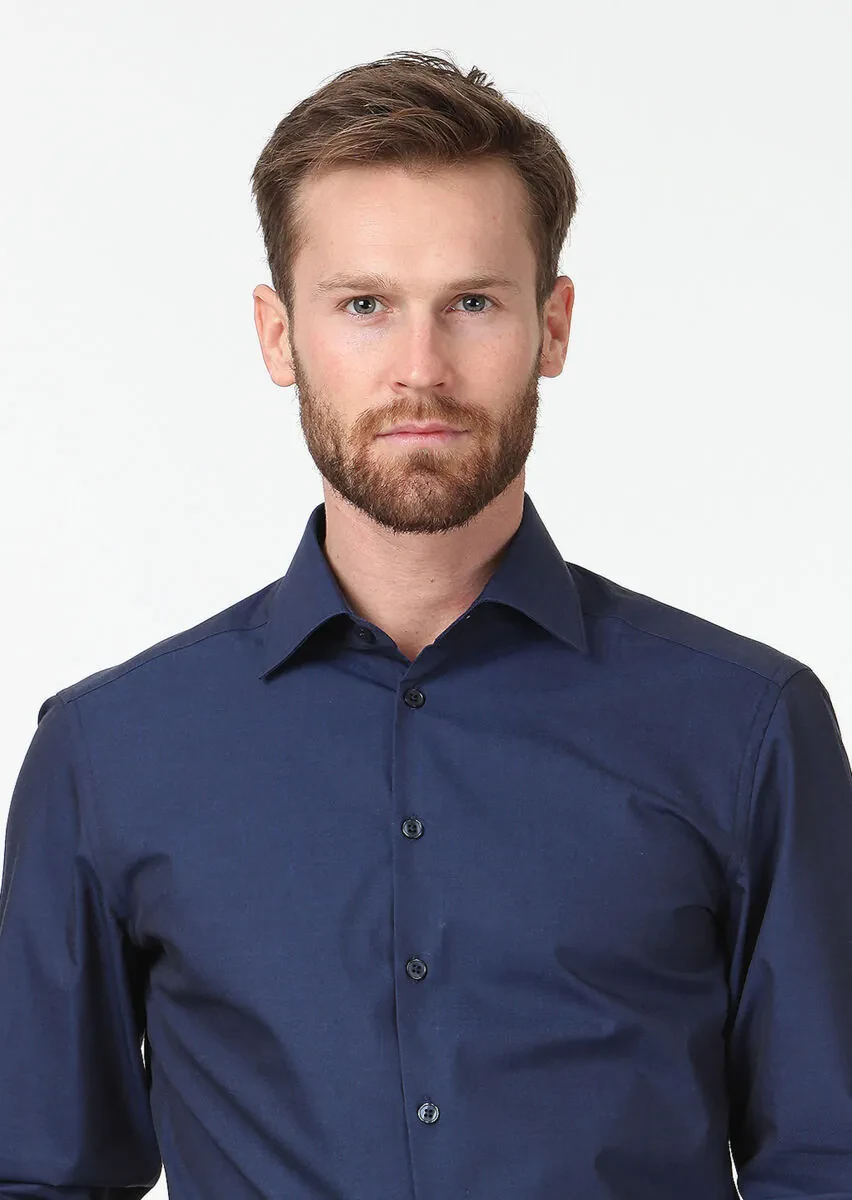 Navy Blue Plain Slim Fit Weaving Classical Cotton Blended Shirt - 3