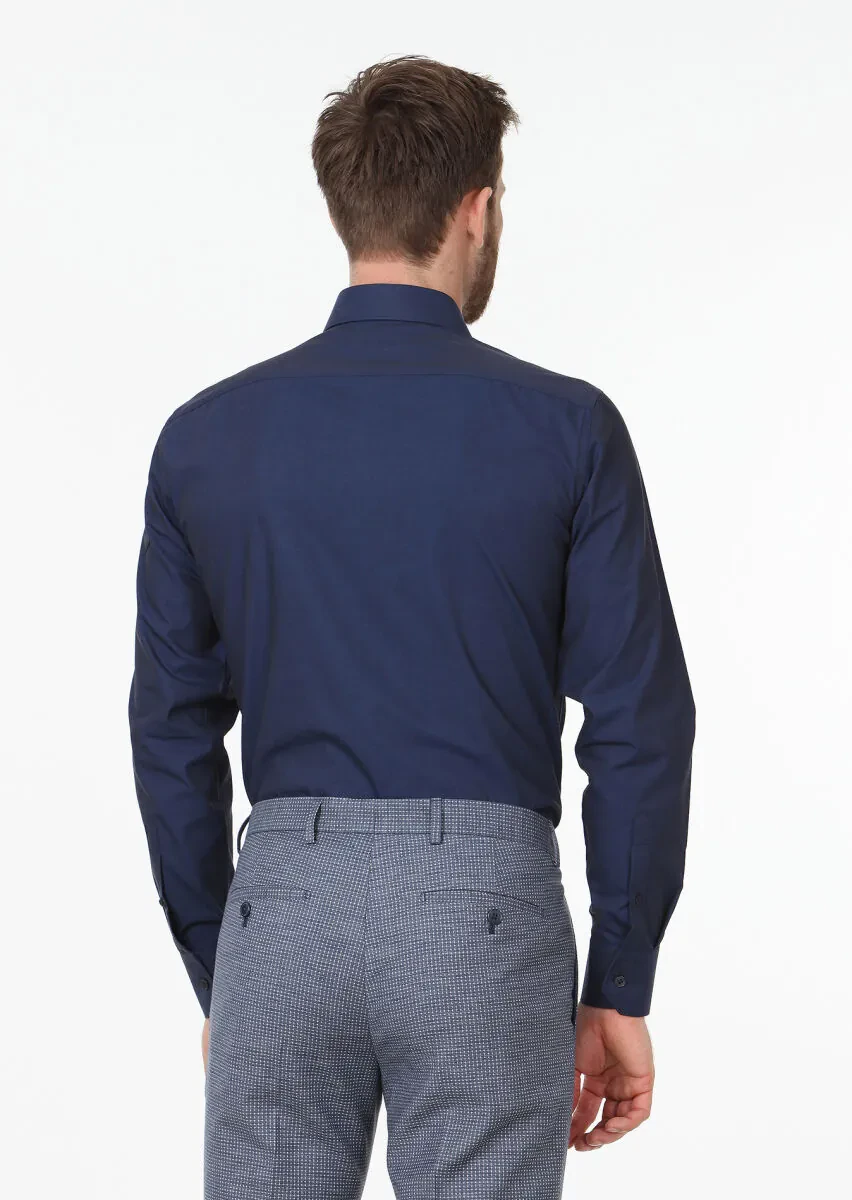 Navy Blue Plain Slim Fit Weaving Classical Cotton Blended Shirt - 4
