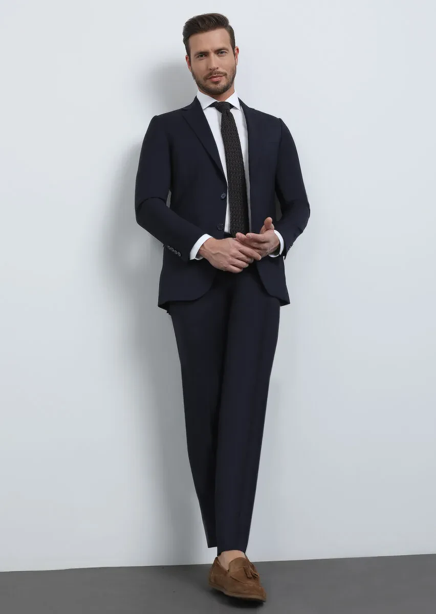Navy Blue Plain Thin&Taller Slim Fit 100% Wool Suit - 4