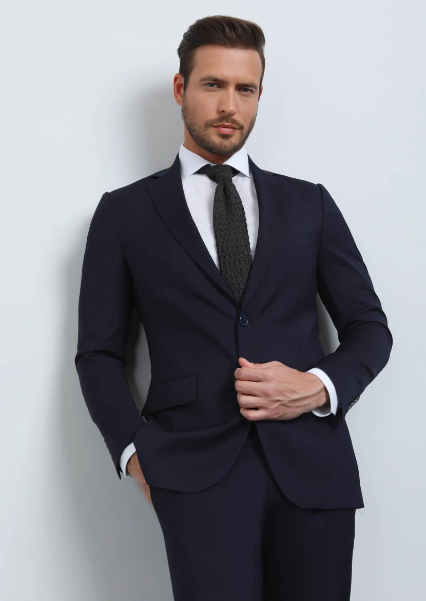 Navy Blue Plain Thin&Taller Slim Fit 100% Wool Suit - RAMSEY