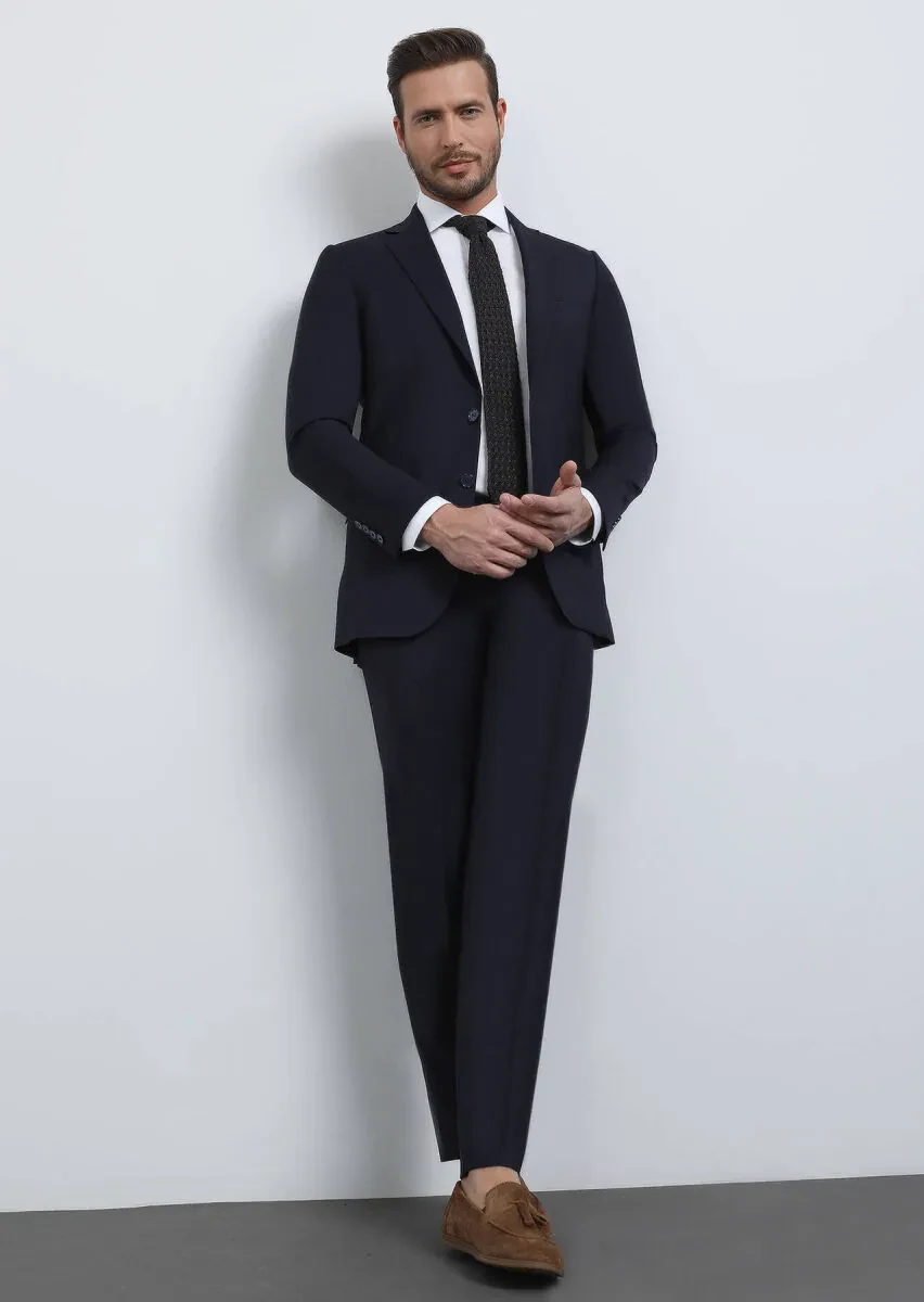 Navy Blue Plain Thin&Taller Slim Fit 100% Wool Suit - 1
