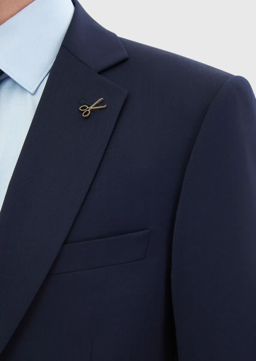 Navy Blue Plain Thin&Taller Slim Fit 100% Wool Suit - 4